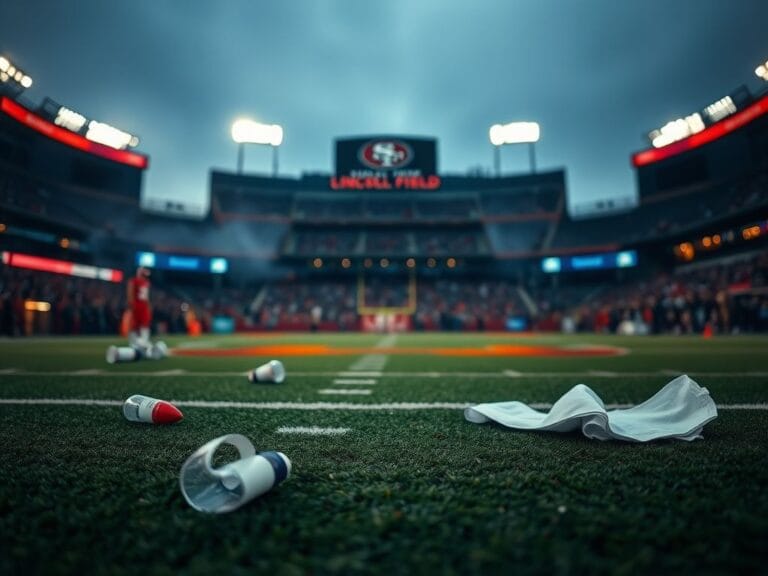 Flick International Empty green football turf at Lincoln Financial Field after George Kittle's injury, with medical supplies scattered
