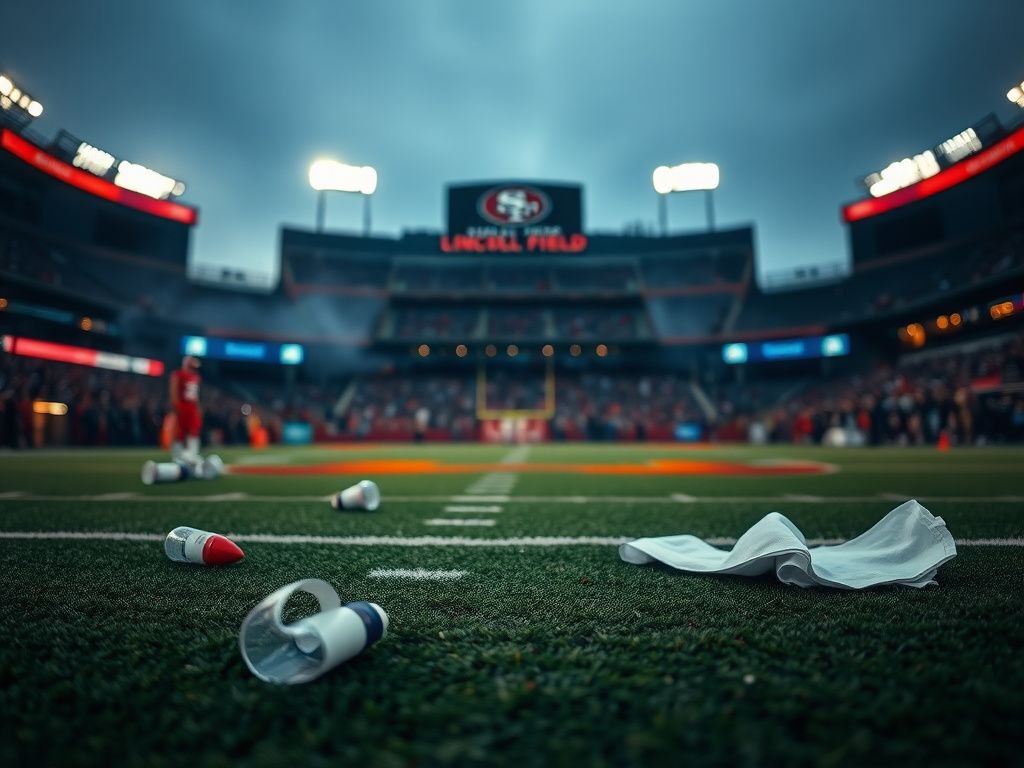 Flick International Empty green football turf at Lincoln Financial Field after George Kittle's injury, with medical supplies scattered
