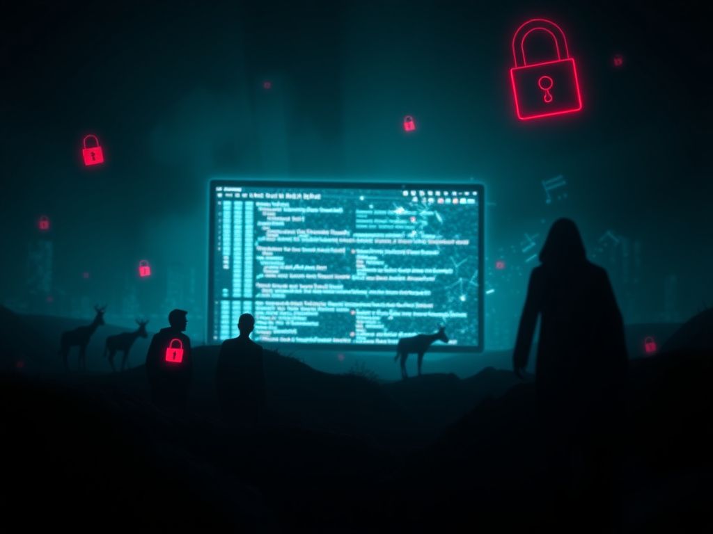Flick International Ominous digital landscape depicting corrupted code and distressing cryptocurrency wallet icons