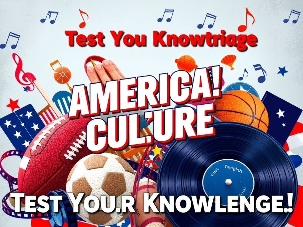 Flick International A vibrant collage representing American culture through sports and entertainment, featuring a football, basketball, film reel, and vinyl record.