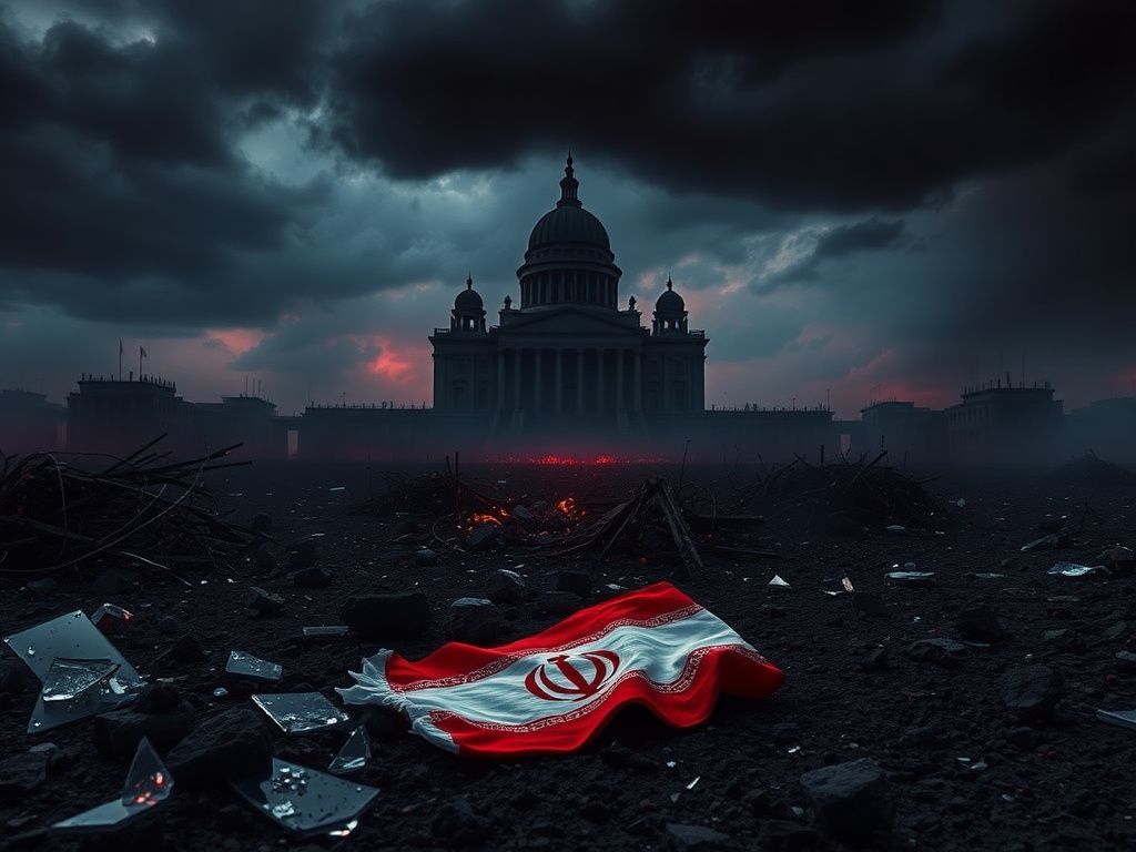 Flick International A dramatic landscape depicting the aftermath of protests in Iran with shattered glass and burned debris.