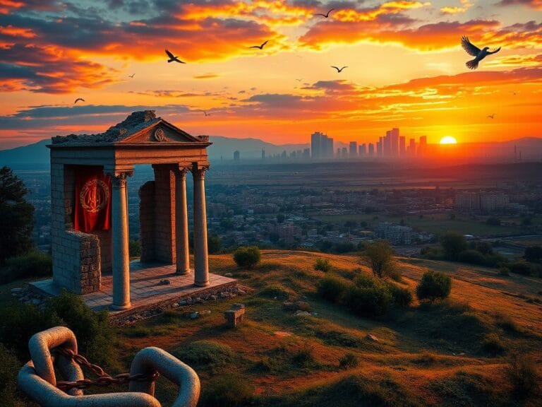 Flick International A stunning Iranian landscape showcasing ancient Persian ruins alongside a modern city skyline at sunset