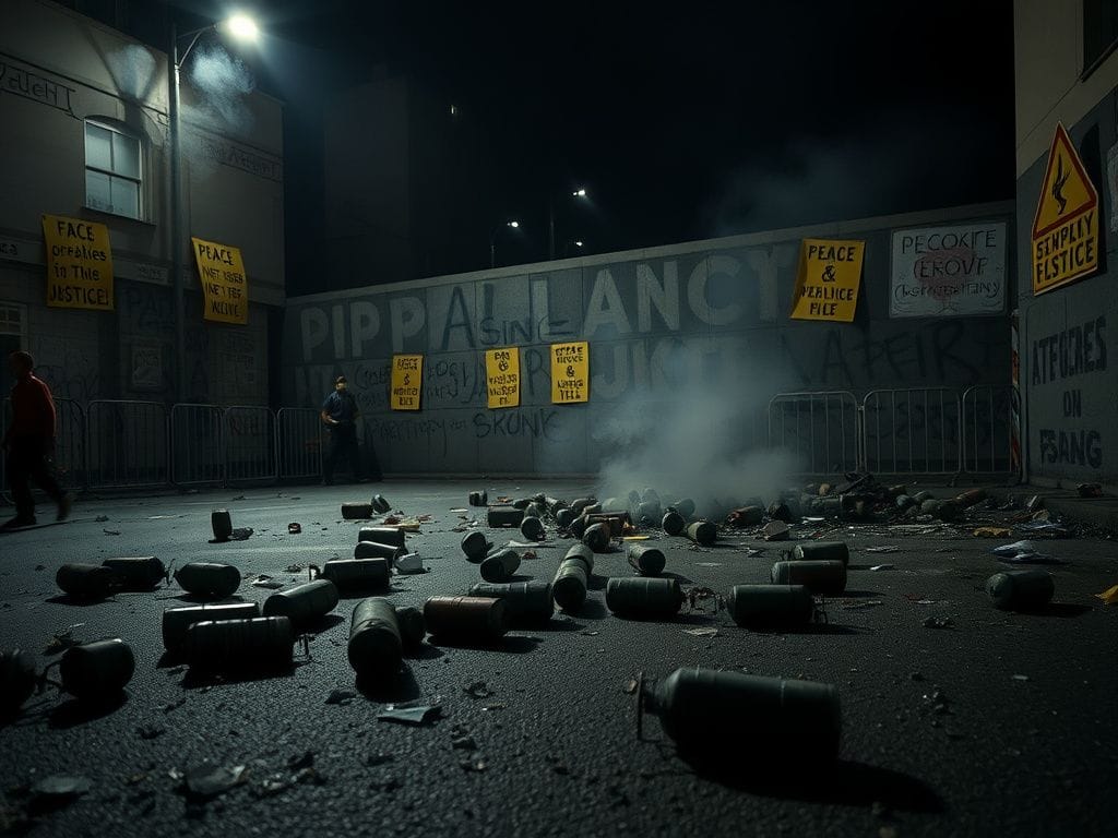 Flick International Aftermath of a protest with tear gas canisters on the street