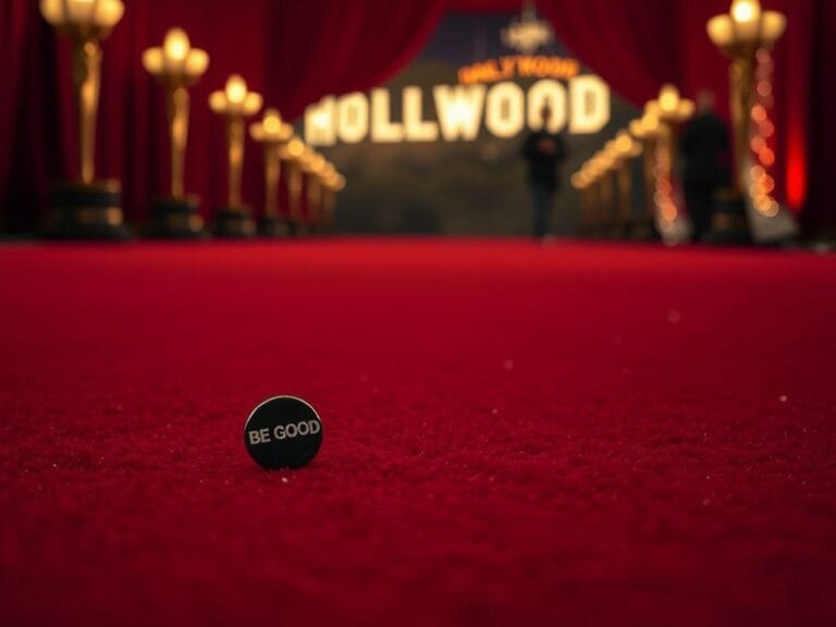 Flick International A close-up view of an empty red carpet with 'BE GOOD' and 'ICE OUT' pins partially obscured