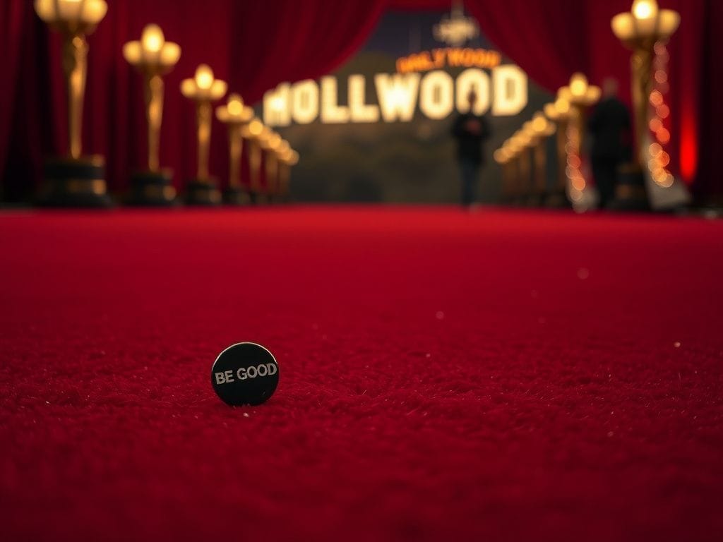 Flick International A close-up view of an empty red carpet with 'BE GOOD' and 'ICE OUT' pins partially obscured
