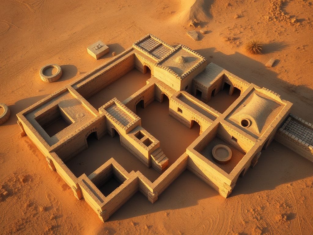 Flick International Aerial view of an ancient Christian monastic complex in Egypt's Sohag Governorate showcasing mudbrick structures.