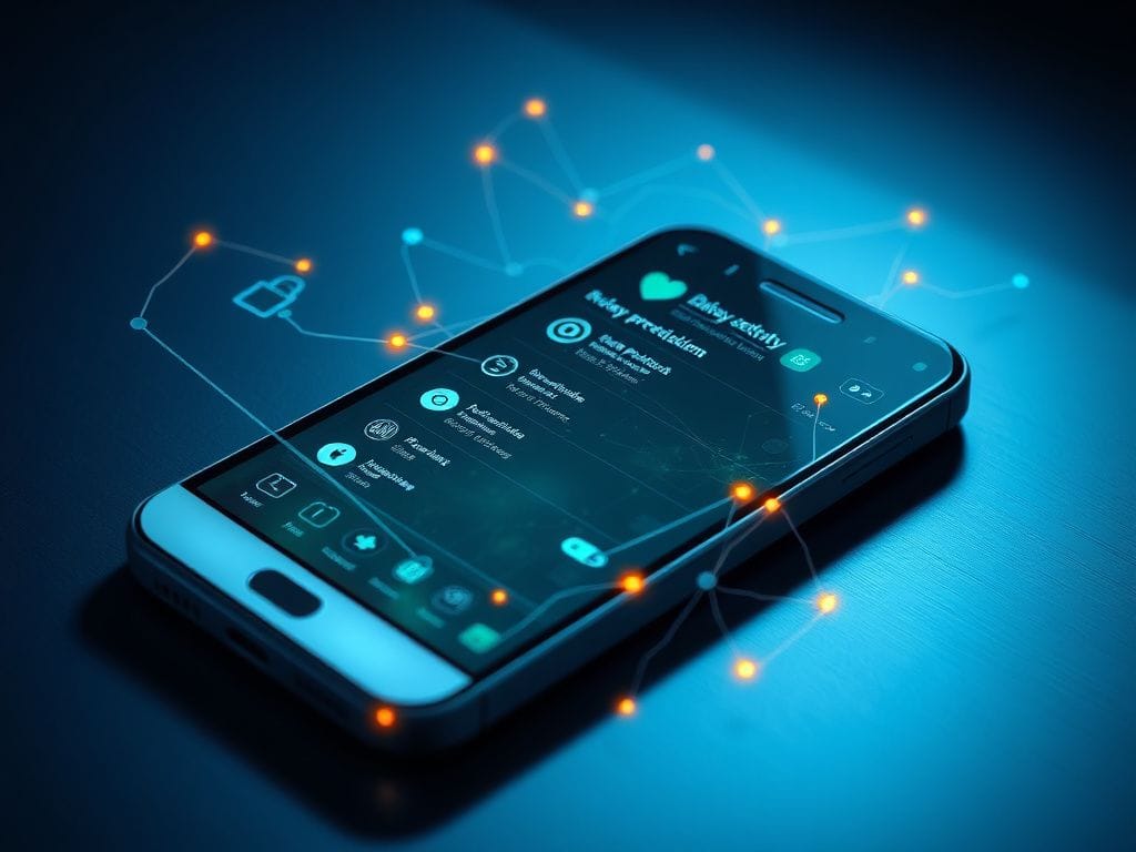 Flick International Futuristic smartphone displaying abstract data protection and privacy settings