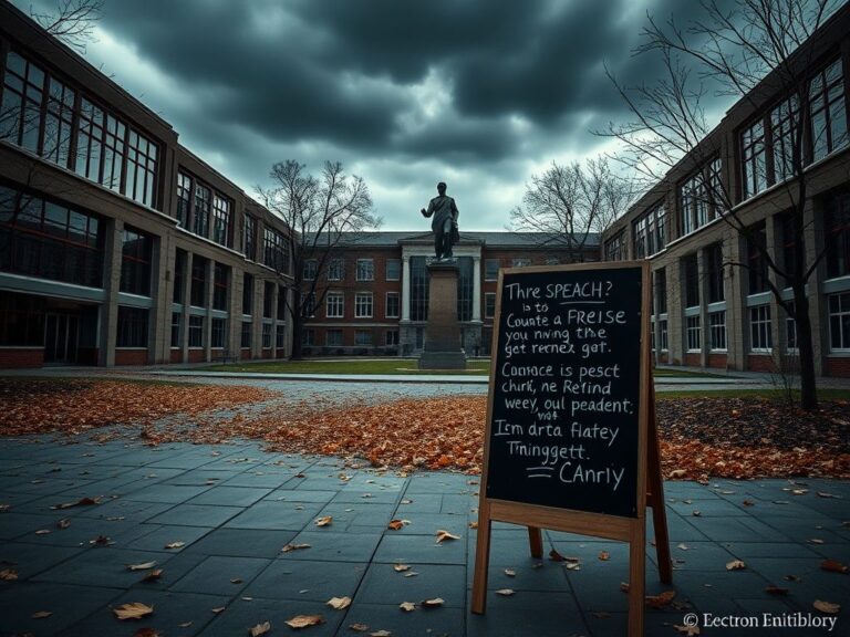 Flick International Somber university campus scene with empty classrooms and a dark stormy sky