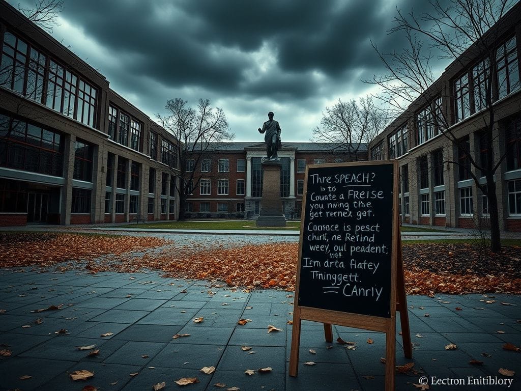 Flick International Somber university campus scene with empty classrooms and a dark stormy sky