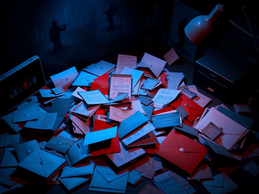 Flick International Cluttered desk with ominous envelopes and tax documents illustrating January scams