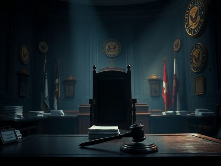 Flick International Empty witness chair symbolizing absence and defiance in a congressional hearing room