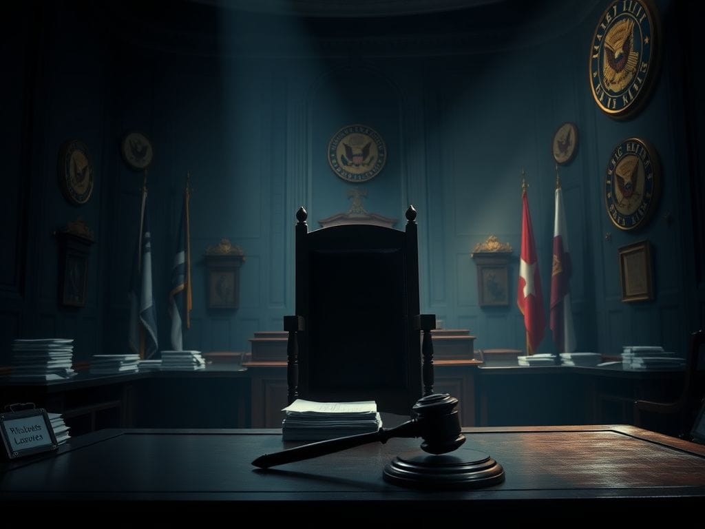 Flick International Empty witness chair symbolizing absence and defiance in a congressional hearing room