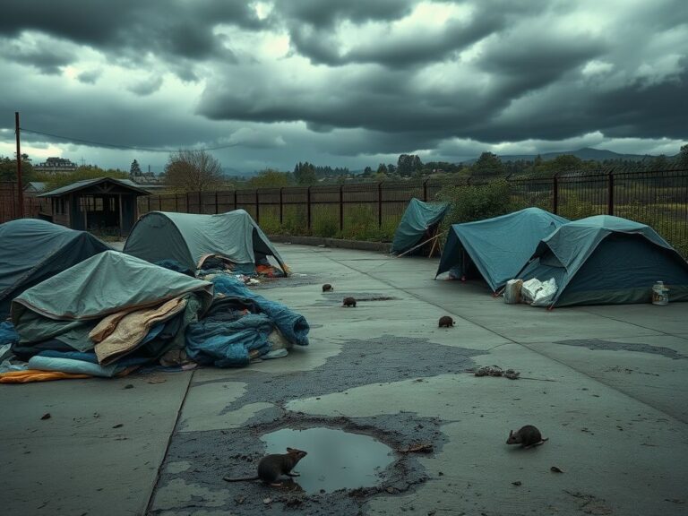 Flick International A deserted homeless encampment in Berkeley, highlighting unsanitary conditions and signs of rat activity.