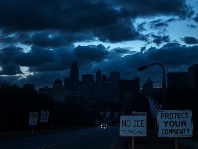 Flick International Dramatic cityscape of Minneapolis at dusk with ominous clouds and empty street signs
