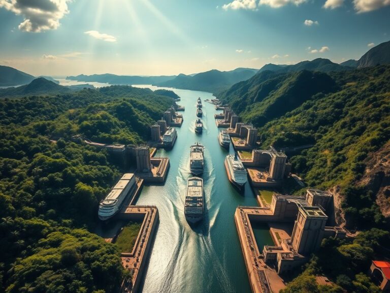 Flick International Aerial view of the Panama Canal showcasing locks and lush landscape