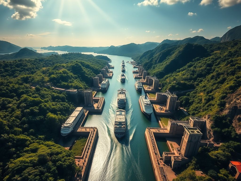 Flick International Aerial view of the Panama Canal showcasing locks and lush landscape