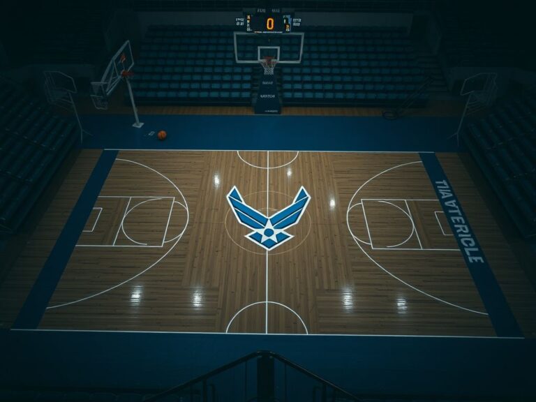 Flick International Overhead view of an empty basketball court with Air Force logo.