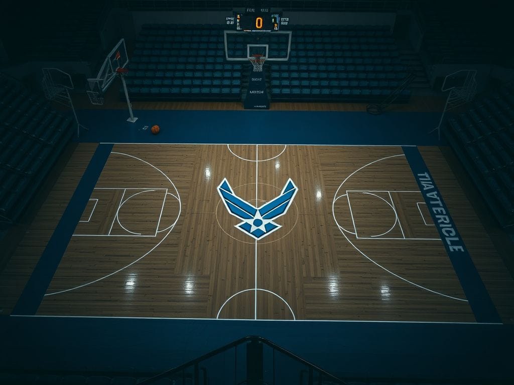 Flick International Overhead view of an empty basketball court with Air Force logo.