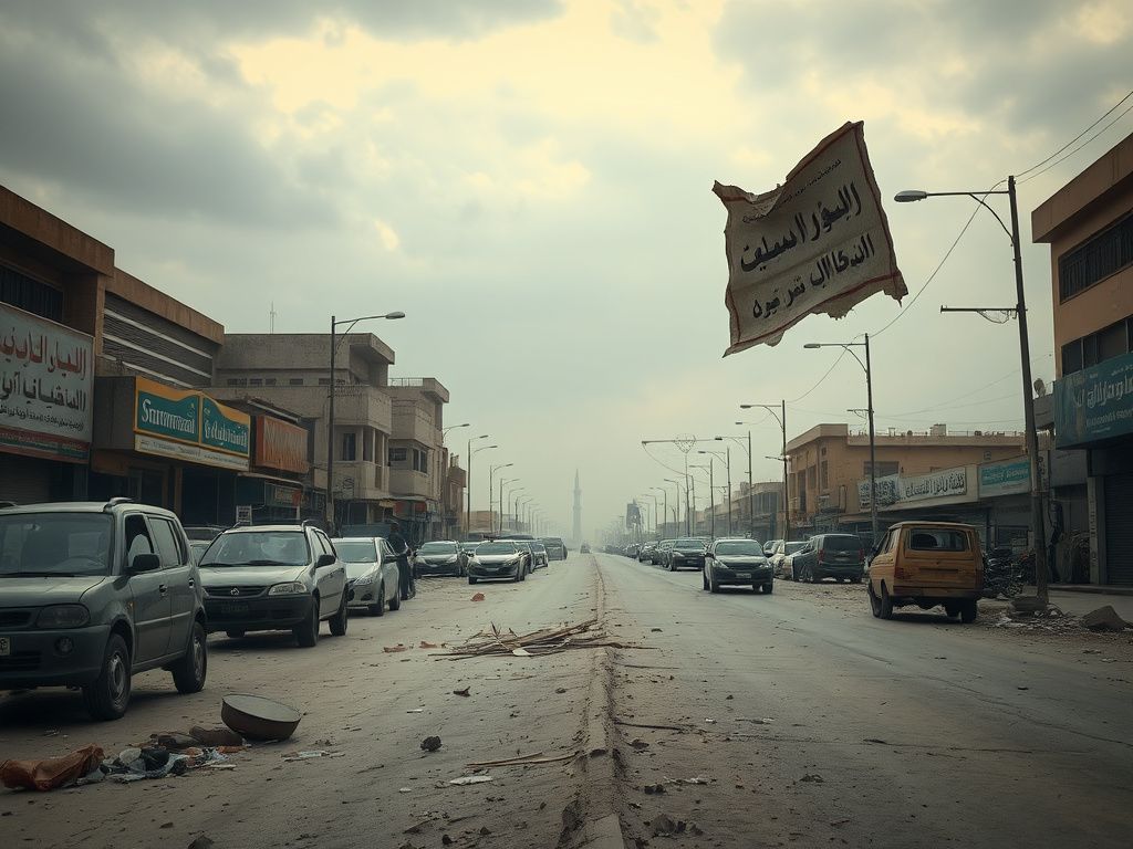 Flick International Desolate street scene in an Iranian city with abandoned vehicles and empty marketplaces