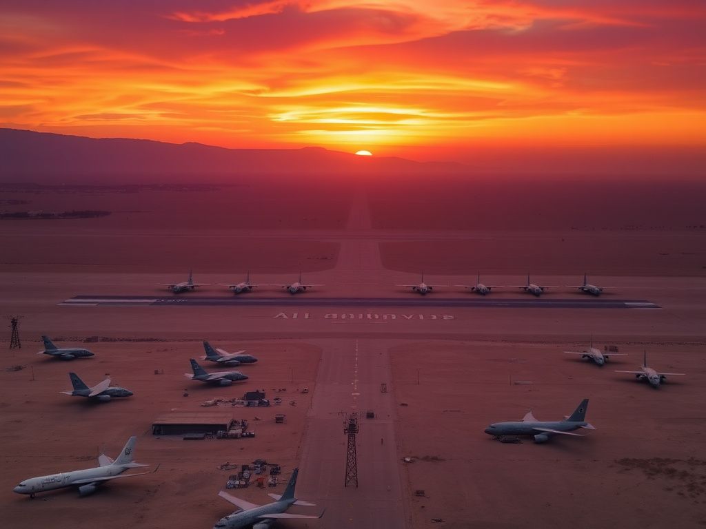 Flick International Aerial view of Ain al-Asad Airbase in Iraq during sunset