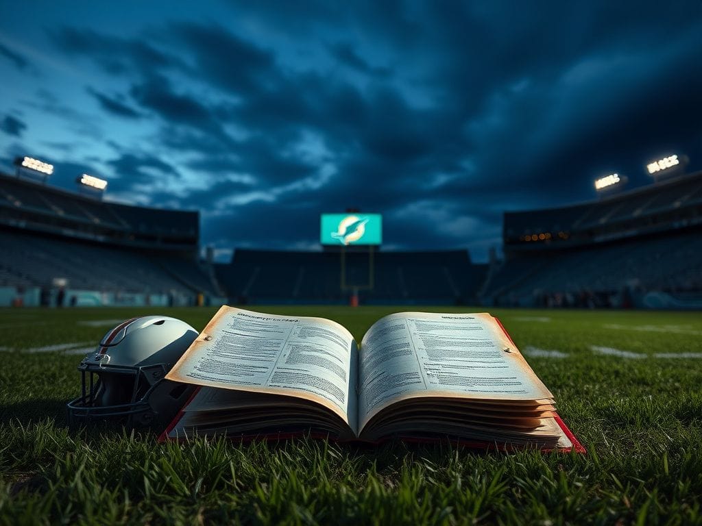 Flick International Dramatic NFL football field at dusk, with empty stands and an open playbook symbolizing coaching challenges