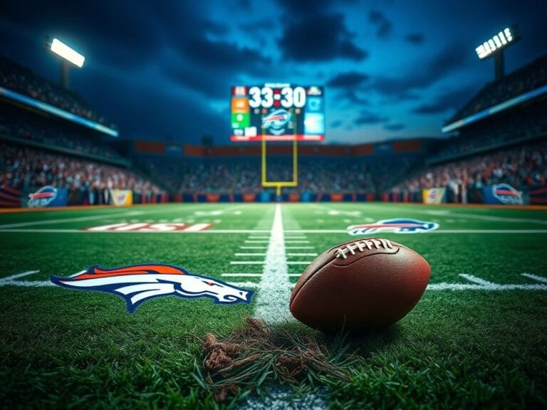 Flick International Dramatic football scene under stadium lights featuring Broncos and Bills logos in end zone