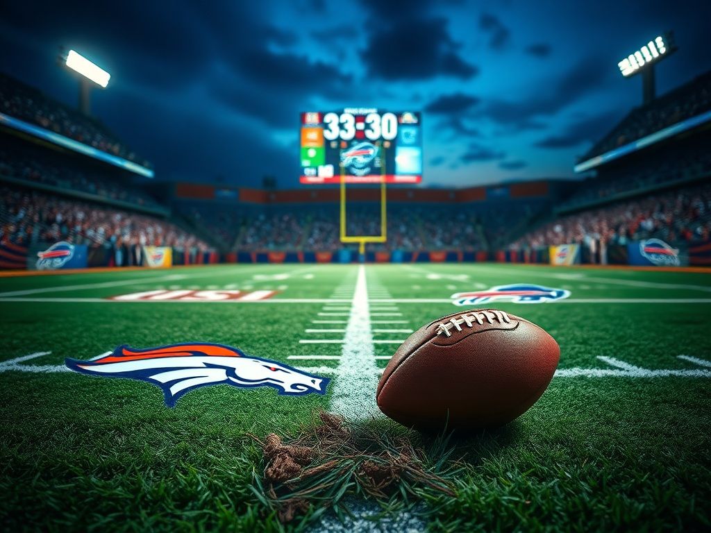 Flick International Dramatic football scene under stadium lights featuring Broncos and Bills logos in end zone