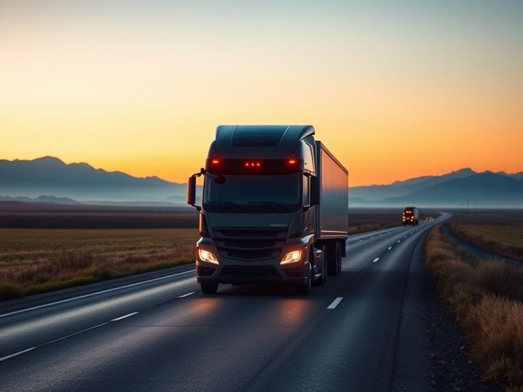 Flick International Advanced autonomous truck driving on a serene highway at dusk