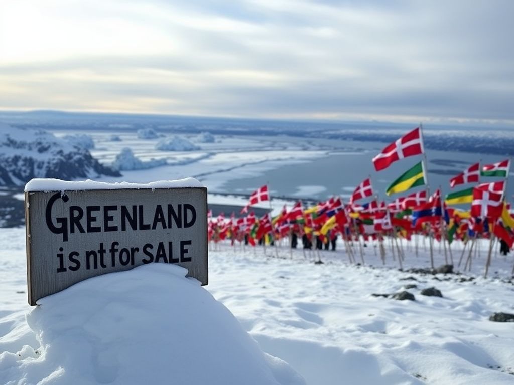 Flick International Panoramic view of Greenland's icy landscape with a sign reading 'Greenland is not for sale'.