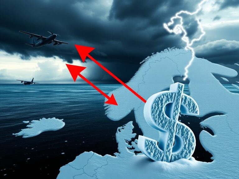 Flick International Stylized map of Greenland and Denmark with trade routes and tariffs