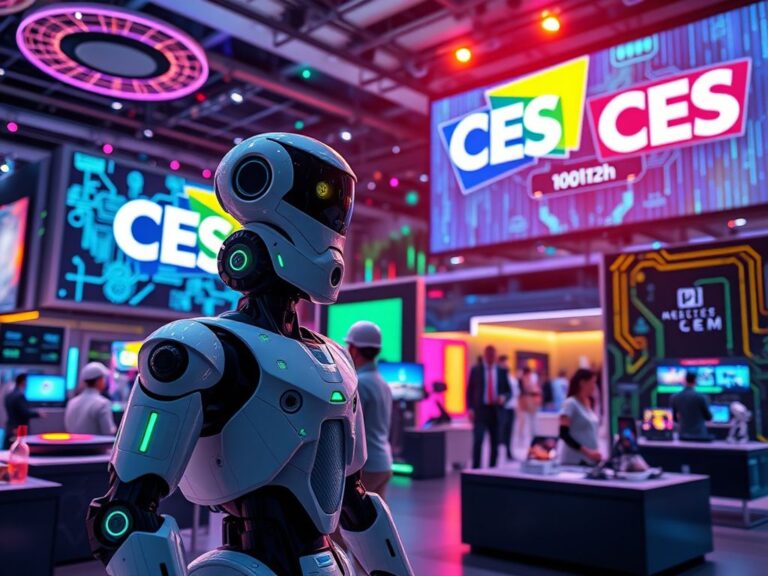 Flick International A futuristic indoor technology expo scene showcasing innovative AI gadgets and devices