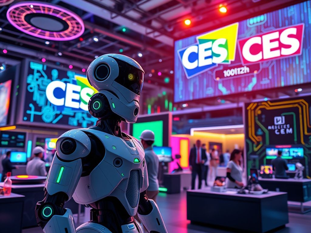 Flick International A futuristic indoor technology expo scene showcasing innovative AI gadgets and devices