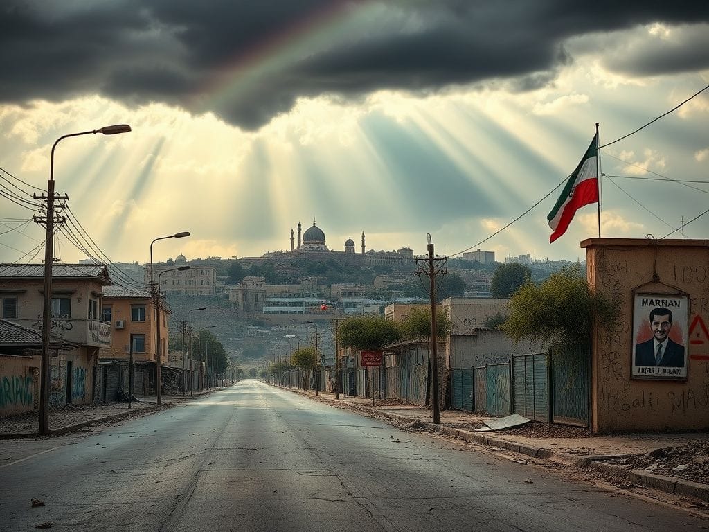 Flick International Desolate street in Iran with remnants of protests and empty street signs symbolizing resilience and hope