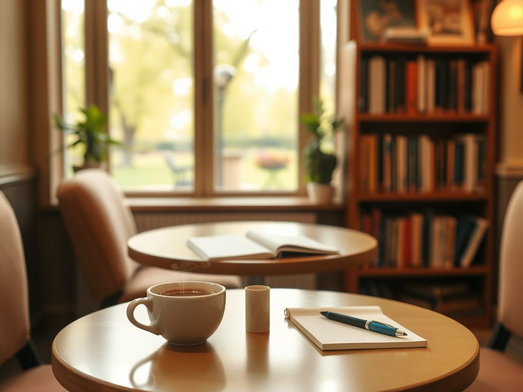 Flick International Cozy café scene with a steaming cup of coffee and a notebook set for two