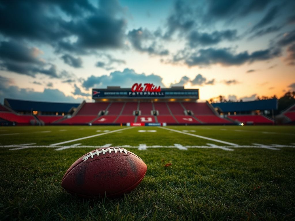 Flick International Empty college football field under evening skies with Ole Miss colors, featuring a weathered football symbolizing unresolved ambitions.