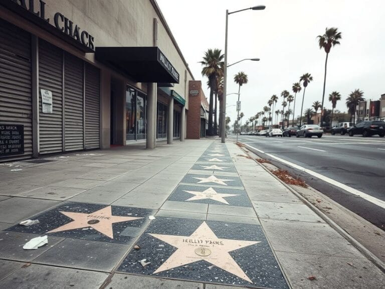 Flick International Worn and faded Hollywood Walk of Fame with chipped star plaques and litter