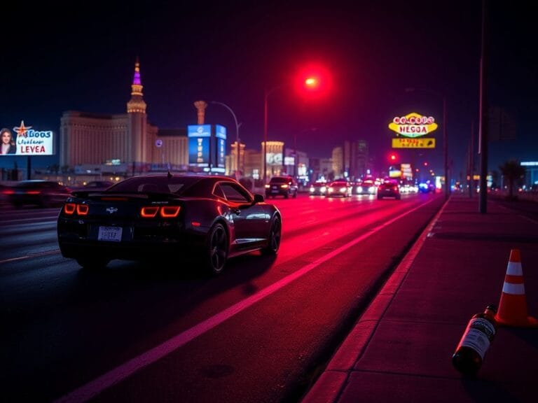 Flick International Nighttime scene on a busy Las Vegas street with a sleek black sports car and police lights