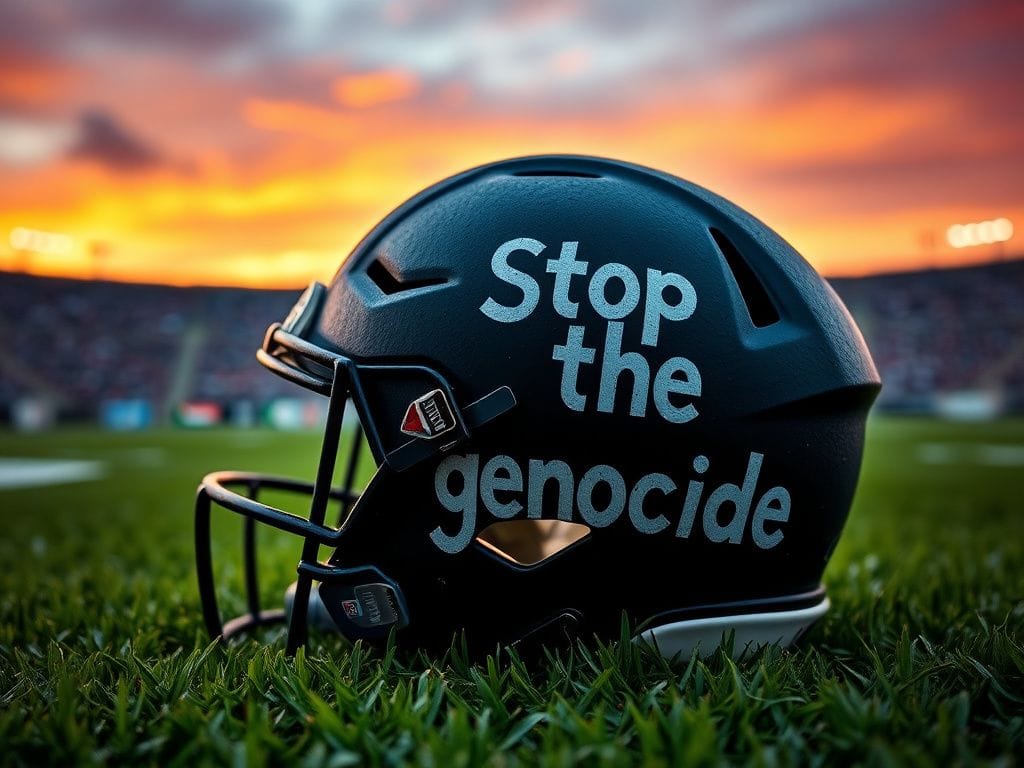 Flick International Close-up of a football helmet with eye black message 'Stop the genocide' during a playoff game