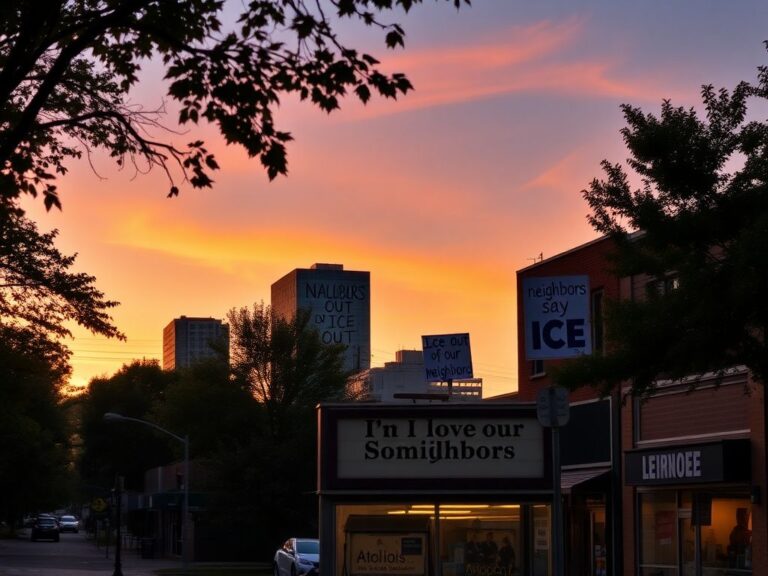 Flick International Cityscape of Minneapolis at sunset highlighting a business sign supporting Somali neighbors