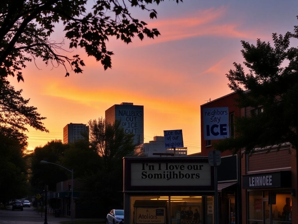 Flick International Cityscape of Minneapolis at sunset highlighting a business sign supporting Somali neighbors