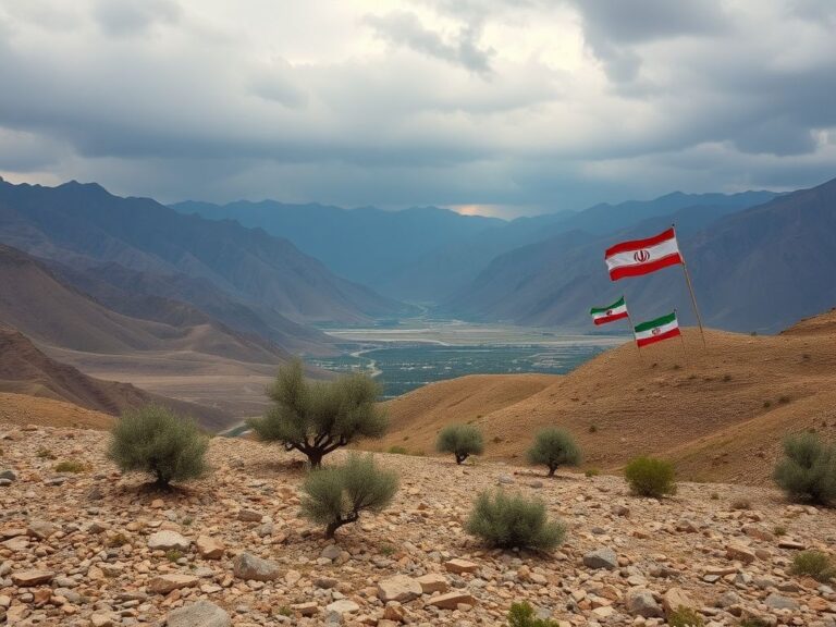 Flick International A sweeping landscape of the Iranian Kurdish region featuring rocky terrain and olive trees, symbolizing endurance amidst protests.