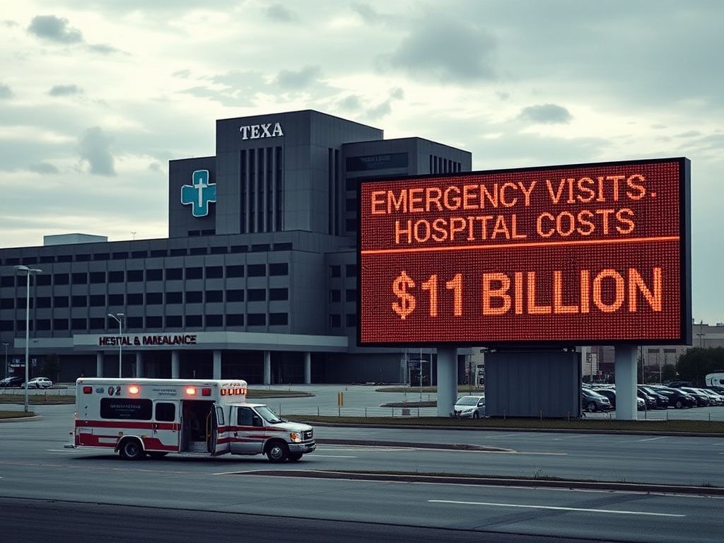 Flick International Large Texas hospital building under overcast sky with an empty ambulance in the foreground