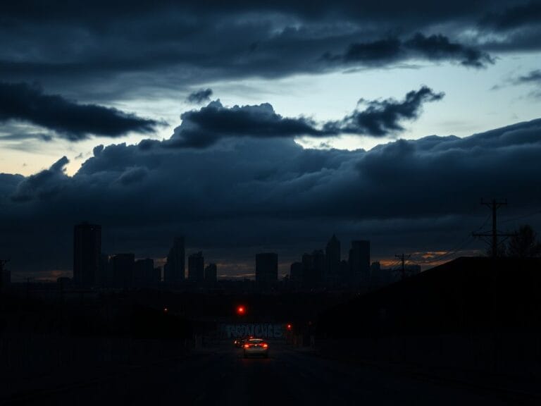 Flick International Dramatic landscape of Minneapolis at dusk featuring a correctional facility silhouette