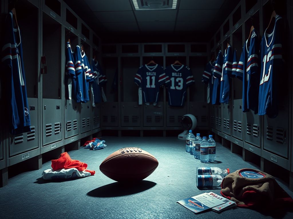 Flick International A somber view of the Buffalo Bills locker room after a playoff loss, highlighting emotional distress
