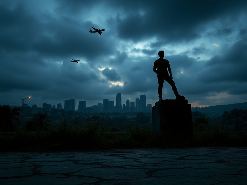 Flick International Shadowy silhouette of the Caracas skyline under overcast skies with crumbling statue in foreground.