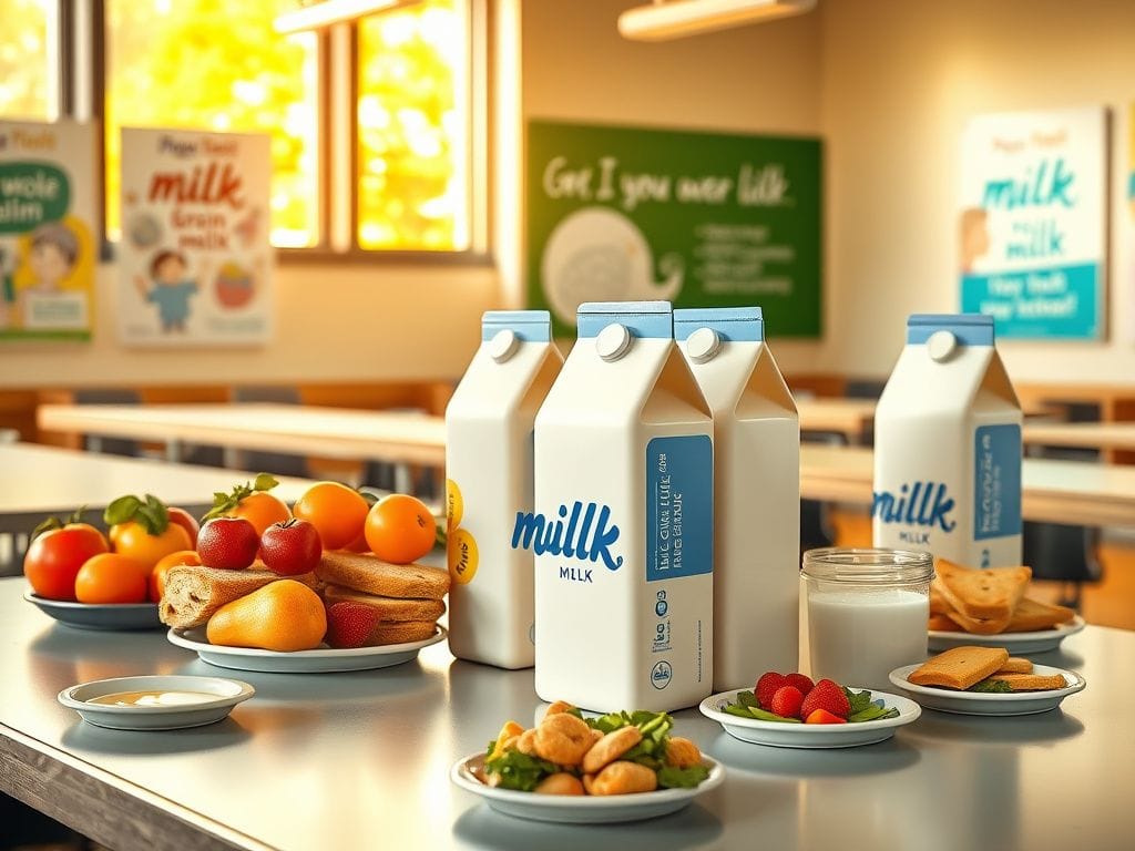 Flick International A vibrant school cafeteria scene featuring whole milk cartons prominently displayed among healthy food options.