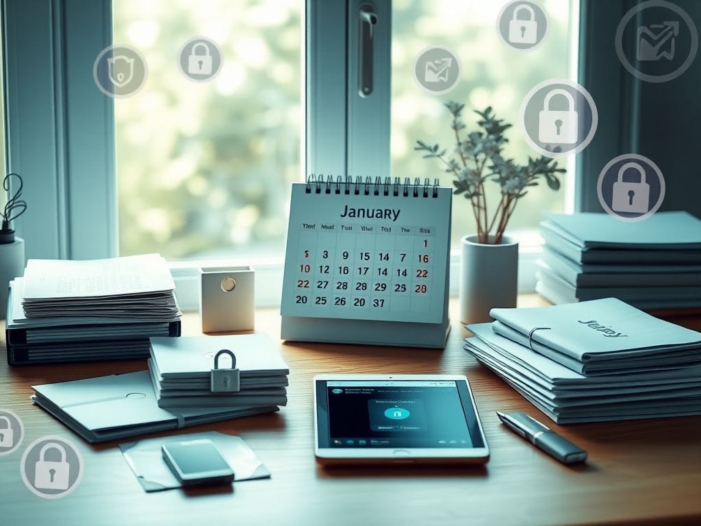 Flick International Organized workspace with a calendar showing January and digital privacy symbols