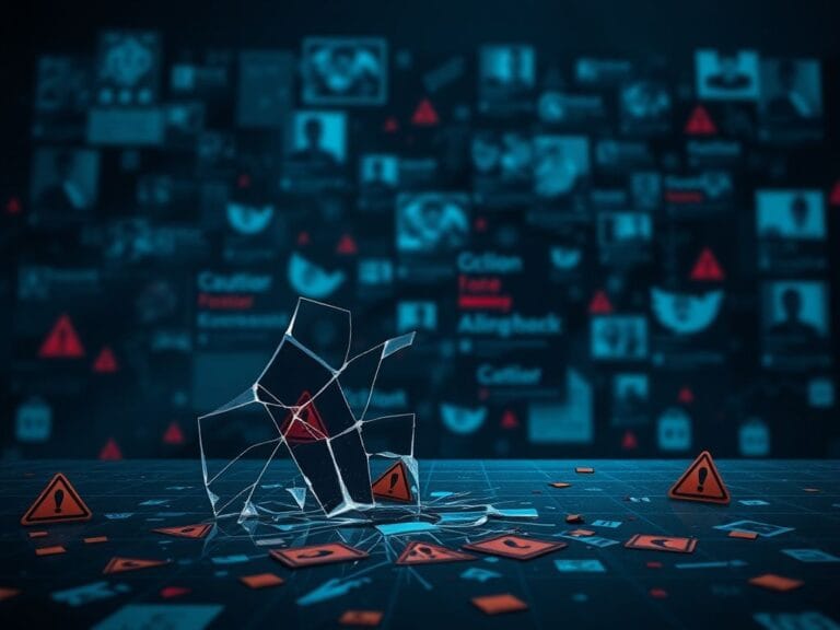 Flick International Dark digital landscape representing the dangers of the internet, with a shattered glass screen symbolizing broken trust.