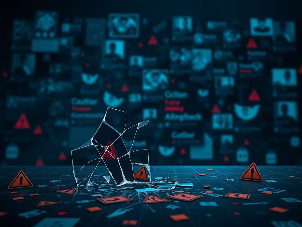 Flick International Dark digital landscape representing the dangers of the internet, with a shattered glass screen symbolizing broken trust.