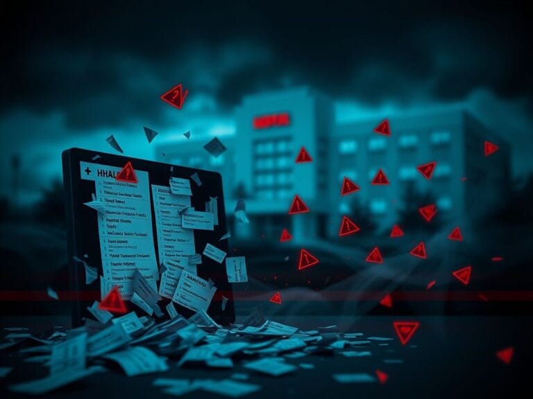 Flick International Ominous digital landscape illustrating a cyberattack on Covenant Health with a shattered computer screen